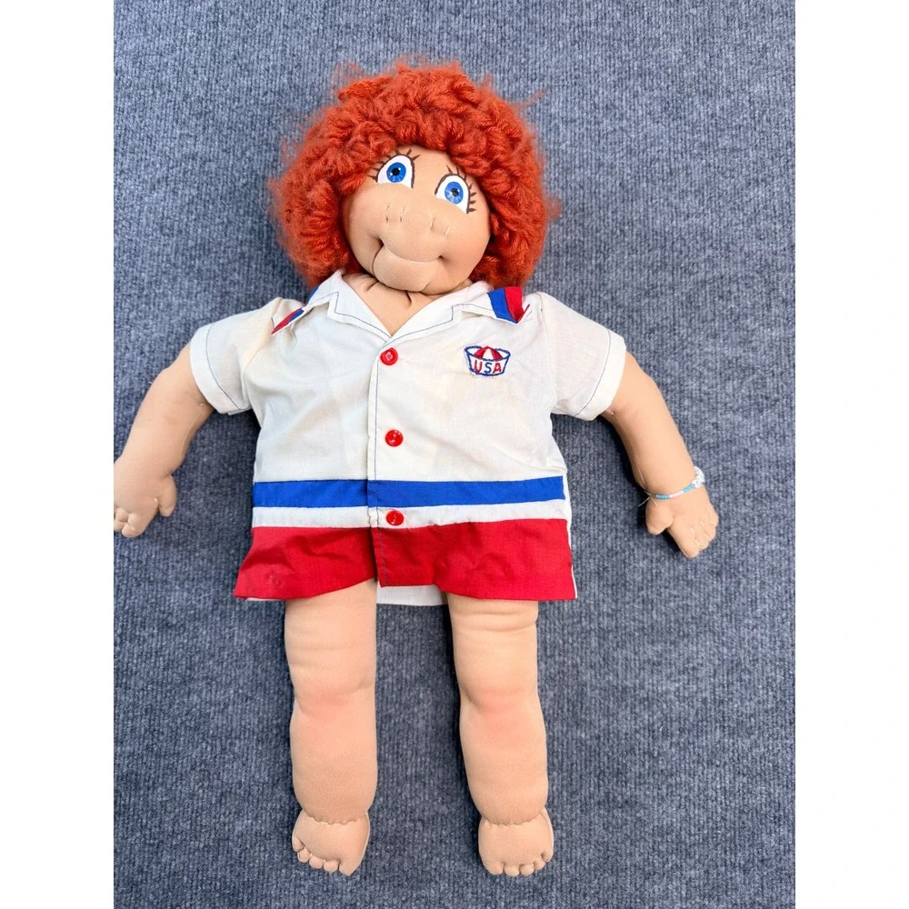 Vintage Handmade Soft Sculpture Cloth Doll Red Yarn Hair USA Shirt 21